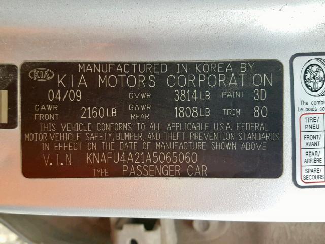 KNAFU4A21A5065060 - 2010 KIA FORTE EX SILVER photo 10