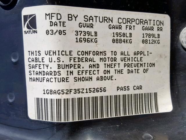 1G8AG52F35Z152656 - 2005 SATURN ION LEVEL BLACK photo 10