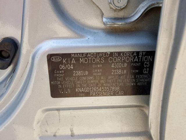 KNAGD126545357898 - 2004 KIA OPTIMA LX SILVER photo 10