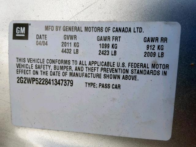 2G2WP522841347379 - 2004 PONTIAC GRAND PRIX SILVER photo 10