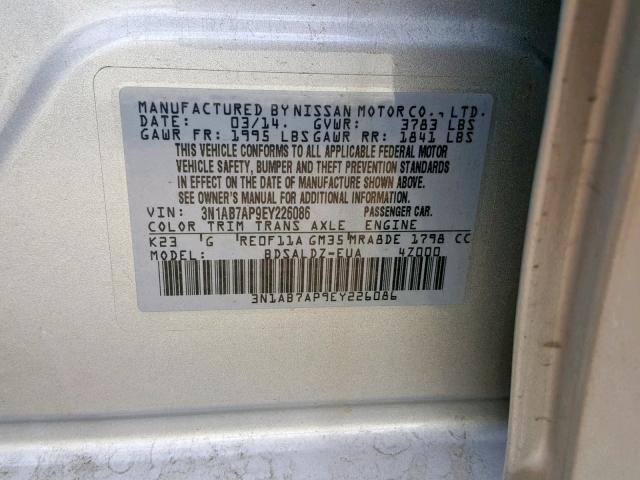 3N1AB7AP9EY226086 - 2014 NISSAN SENTRA S SILVER photo 10