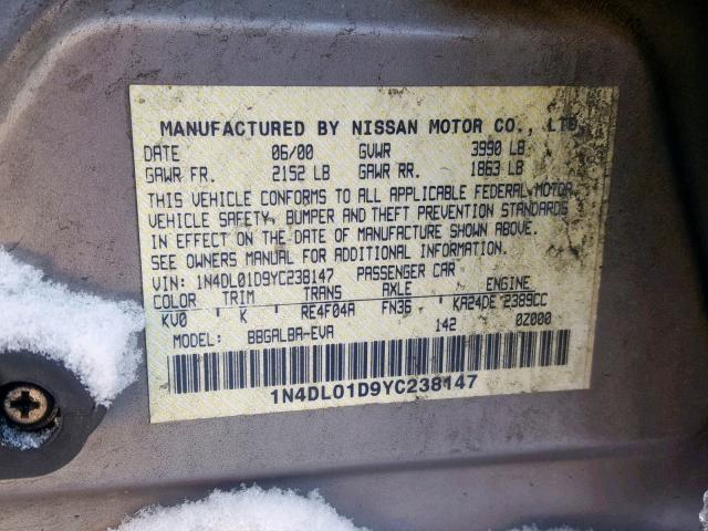 1N4DL01D9YC238147 - 2000 NISSAN ALTIMA XE TAN photo 10