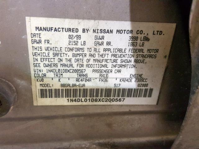 1N4DL01D8XC200567 - 1999 NISSAN ALTIMA XE TAN photo 10