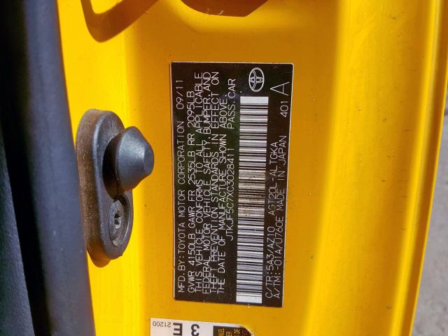 JTKJF5C7XC3028411 - 2012 TOYOTA SCION TC ყვითელი ფოტო 10