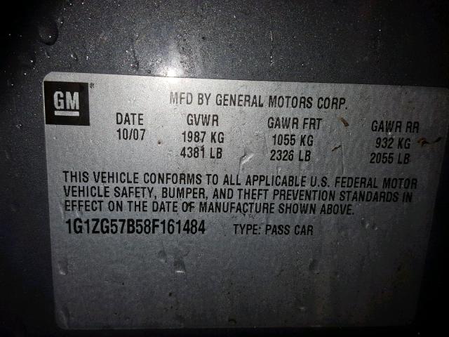 1G1ZG57B58F161484 - 2008 CHEVROLET MALIBU LS GRAY photo 10