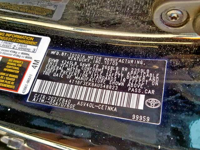 4T1BF3EK8AU548823 - 2010 TOYOTA CAMRY BASE შავი ფოტო 10