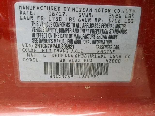 3N1CN7AP4JL806921 - 2018 NISSAN VERSA S RED photo 10