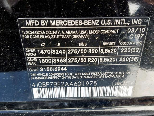 4JGBF7BE2AA601975 - 2010 MERCEDES-BENZ GL 450 4MA BLACK photo 10