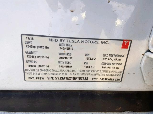 5YJSA1E21GF167288 - 2016 TESLA MODEL S Սպիտակ լուսանկար 10