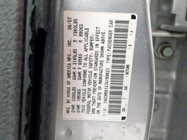 1HGCM56147A189823 - 2007 HONDA ACCORD VAL SILVER photo 10