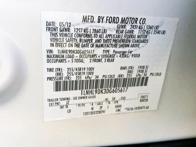 1LNHL9DK3DG605617 - 2013 LINCOLN MKS WHITE photo 10