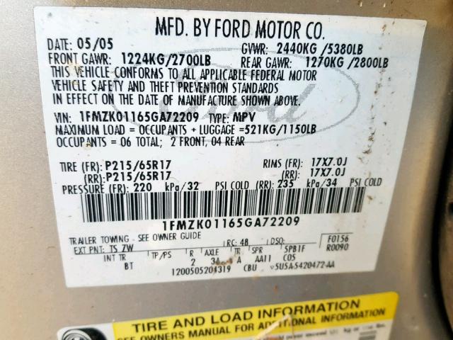 1FMZK01165GA72209 - 2005 FORD FREESTYLE GRAY photo 10