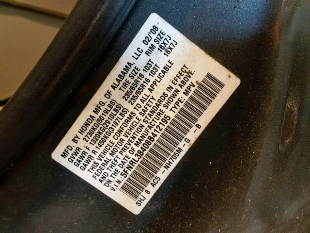 5FNRL38408B412195 - 2008 HONDA ODYSSEY EX GRAY photo 10