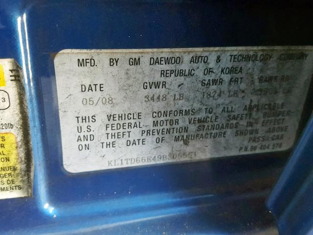 KL1TD66E49B305551 - 2009 CHEVROLET AVEO LS BLUE photo 10