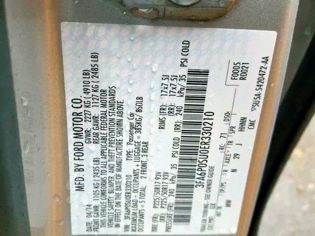 3FA6P0SU0ER330210 - 2014 FORD FUSION TIT SILVER photo 10