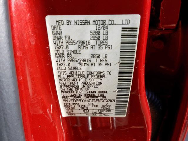 5N1ED28YX4C686600 - 2004 NISSAN XTERRA XE RED photo 10