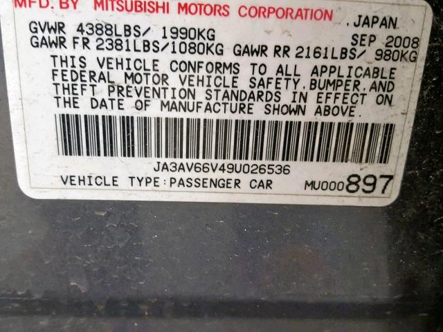 JA3AV66V49U026536 - 2009 MITSUBISHI LANCER RAL GRAY photo 10