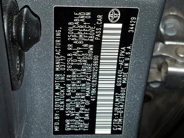 4T1BK1EB2HU259690 - 2017 TOYOTA AVALON XLE 银色 照片 10