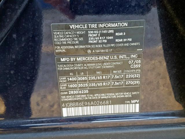 4JGBB86E96A026681 - 2006 MERCEDES-BENZ ML 350 BLUE photo 10