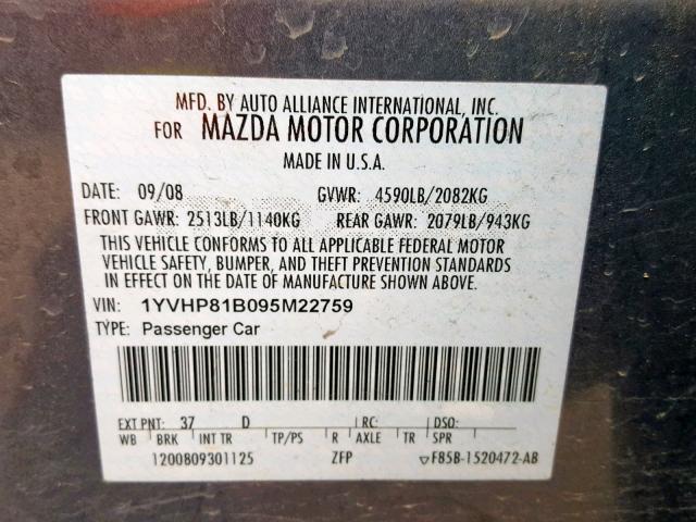 1YVHP81B095M22759 - 2009 MAZDA 6 S GRAY photo 10