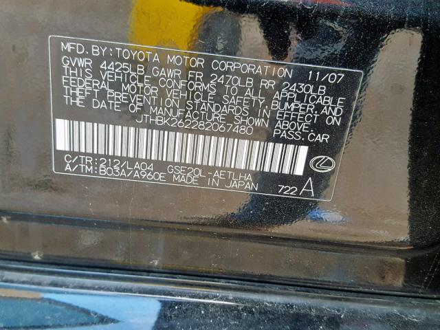 JTHBK262282067480 - 2008 LEXUS IS 250 BLACK photo 10