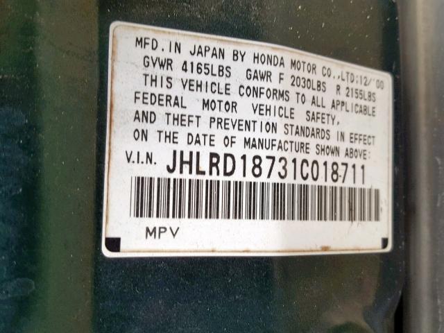 JHLRD18731C018711 - 2001 HONDA CR-V SE GREEN photo 10