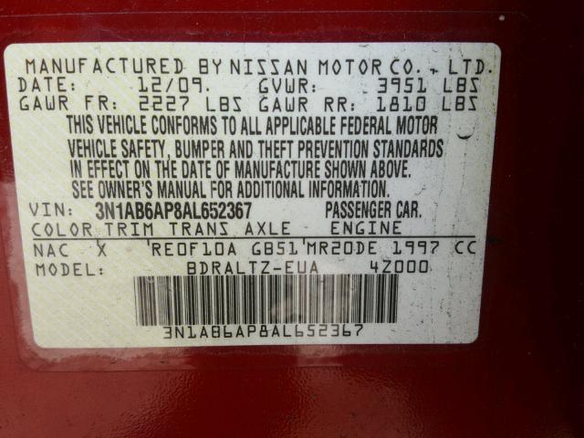 3N1AB6AP8AL652367 - 2010 NISSAN SENTRA 2.0 RED photo 10