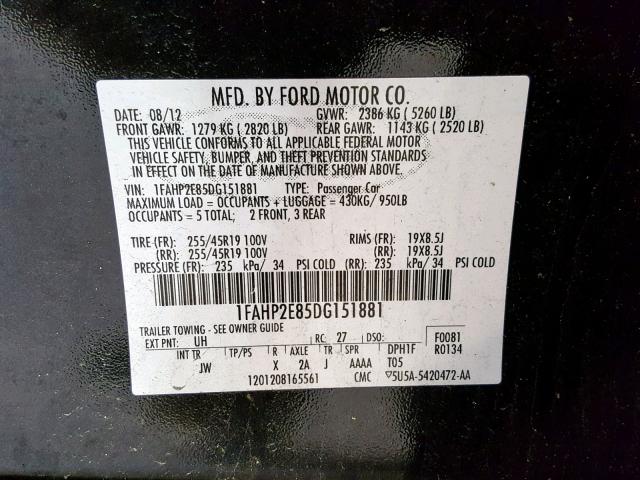 1FAHP2E85DG151881 - 2013 FORD TAURUS SEL CHARCOAL photo 10