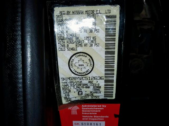 5N1MD28Y52C512636 - 2002 NISSAN XTERRA SE BLACK photo 10