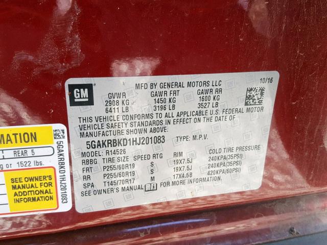 5GAKRBKD1HJ201083 - 2017 BUICK ENCLAVE RED photo 10