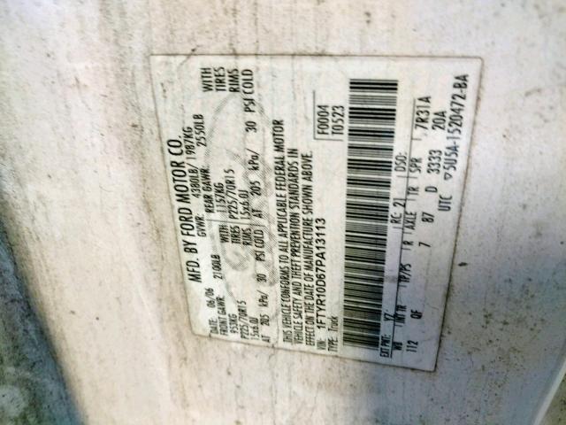 1FTYR10D67PA13113 - 2007 FORD RANGER WHITE photo 10