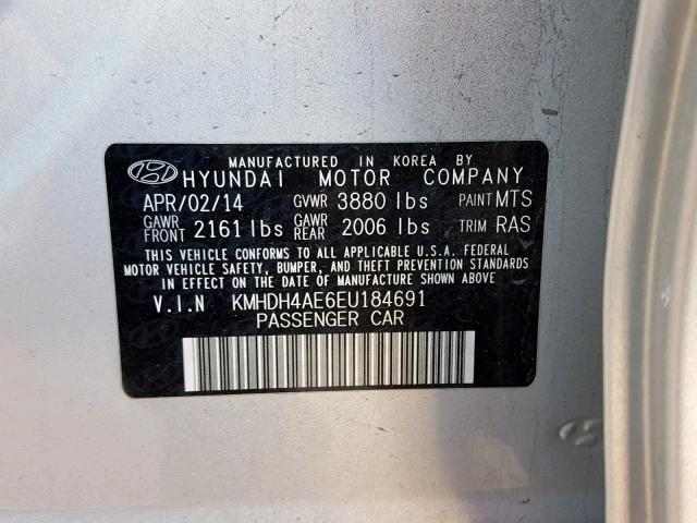 KMHDH4AE6EU184691 - 2014 HYUNDAI ELANTRA SE SILVER photo 10