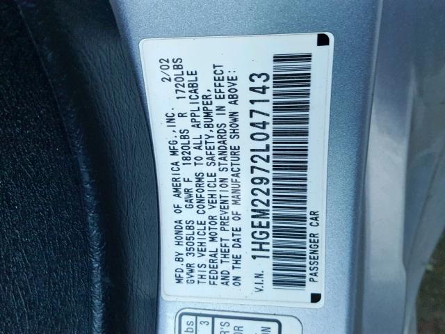 1HGEM22972L047143 - 2002 HONDA CIVIC EX SILVER photo 10