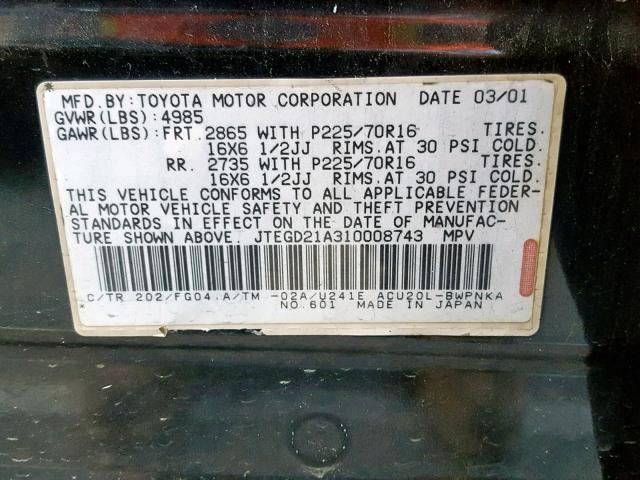 JTEGD21A310008743 - 2001 TOYOTA HIGHLANDER BLACK photo 10