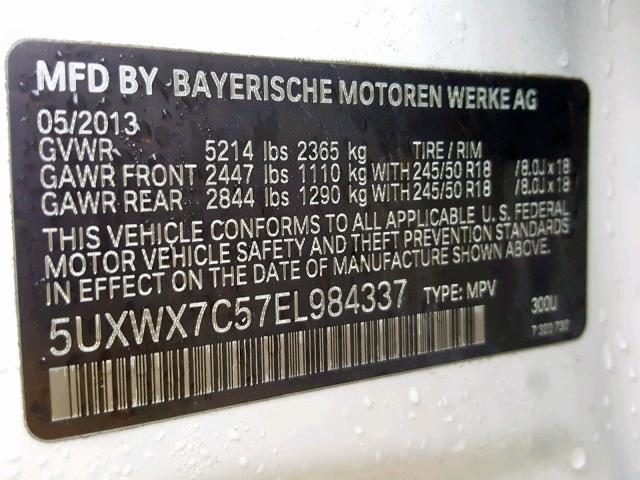 5UXWX7C57EL984337 - 2014 BMW X3 XDRIVE3 WHITE photo 10