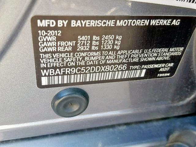 WBAFR9C52DDX80266 - 2013 BMW 550 I GRAY photo 10