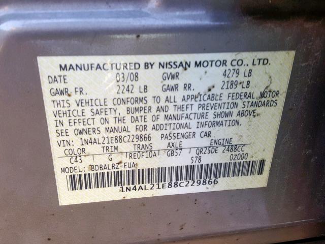 1N4AL21E88C229866 - 2008 NISSAN ALTIMA 2.5 GRAY photo 10