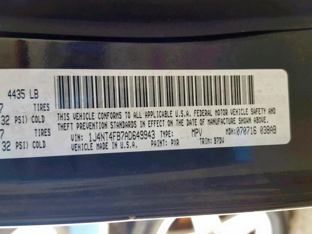 1J4NT4FB7AD649943 - 2010 JEEP COMPASS SP შავი ფოტო 10