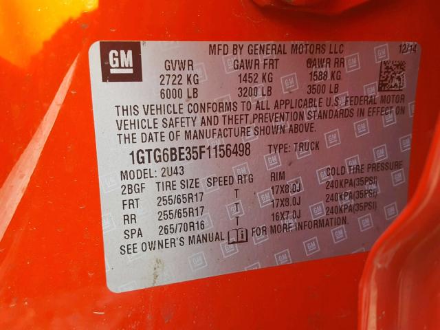 1GTG6BE35F1156498 - 2015 GMC CANYON SLE RED photo 10