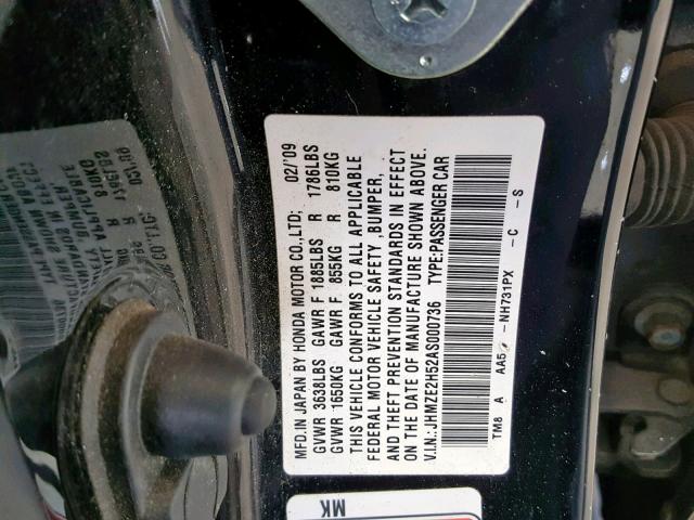 JHMZE2H52AS000736 - 2010 HONDA INSIGHT LX BLACK photo 10