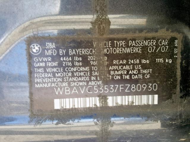 WBAVC53537FZ80930 - 2007 BMW 328 I SULE GRAY photo 10