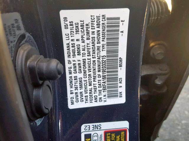 19XFA16619E033215 - 2009 HONDA CIVIC BLUE photo 10