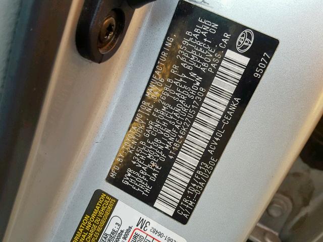 4T1BE46K27U517308 - 2007 TOYOTA CAMRY SILVER photo 10