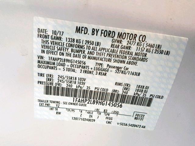 1FAHP2L89HG145056 - 2017 FORD TAURUS POL WHITE photo 10