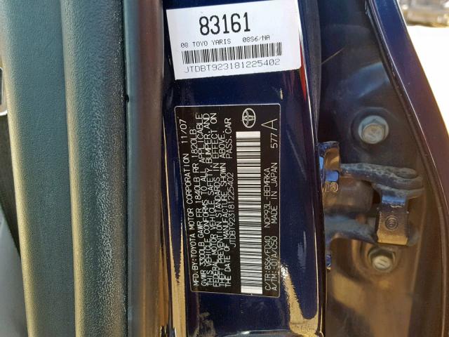 JTDBT923181225402 - 2008 TOYOTA YARIS BLUE photo 10