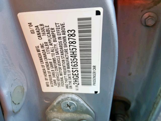 2HGES16354H578783 - 2004 HONDA CIVIC DX V SILVER photo 10