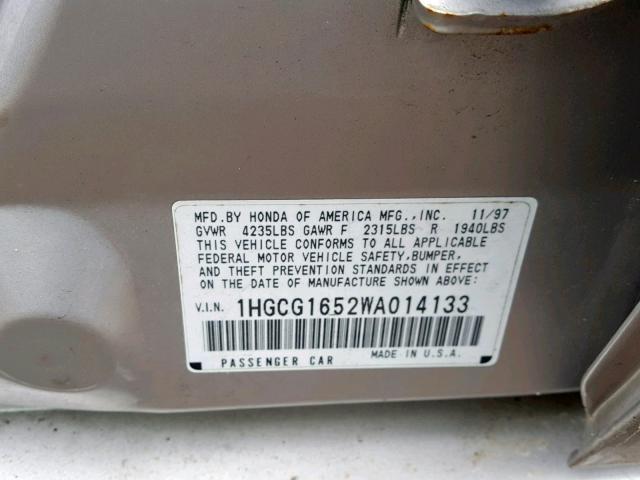 1HGCG1652WA014133 - 1998 HONDA ACCORD EX SILVER photo 10