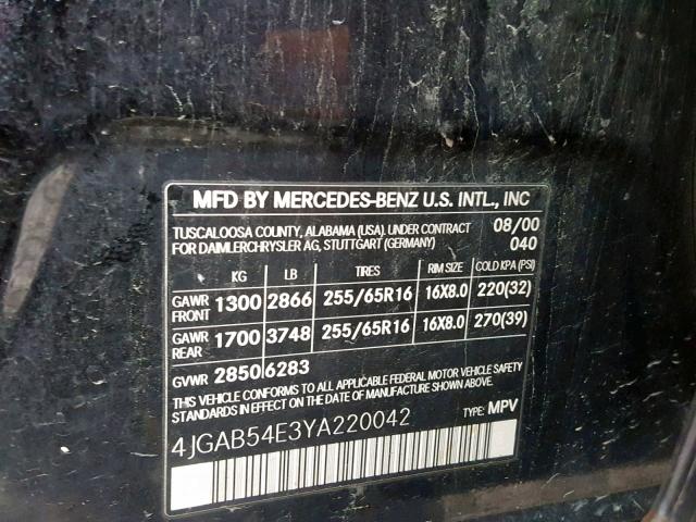 4JGAB54E3YA220042 - 2000 MERCEDES-BENZ ML 320 BLACK photo 10