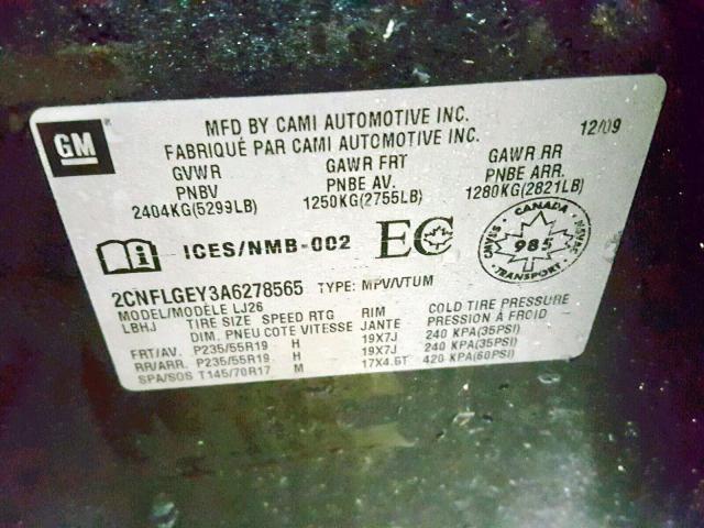 2CNFLGEY3A6278565 - 2010 CHEVROLET EQUINOX LT BLACK photo 10