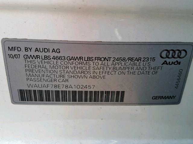 WAUAF78E78A102457 - 2008 AUDI A4 2.0T WHITE photo 10